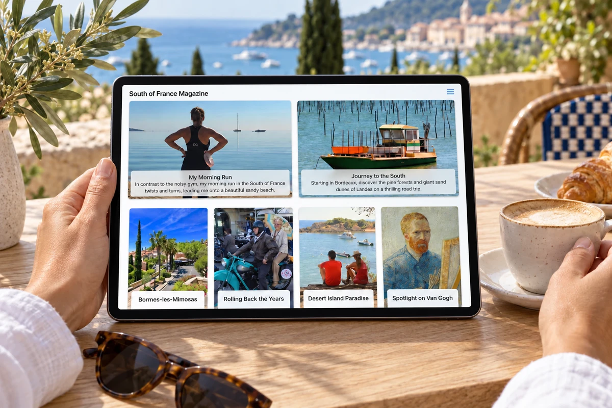 South of France Magazine displayed on an iPad at a terrace table