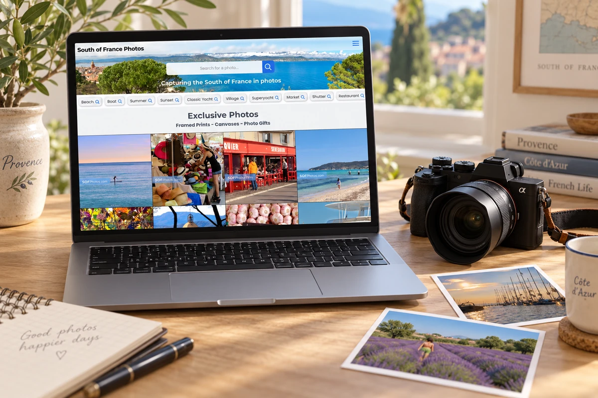 The existing South of France Photos library on a laptop beside a camera